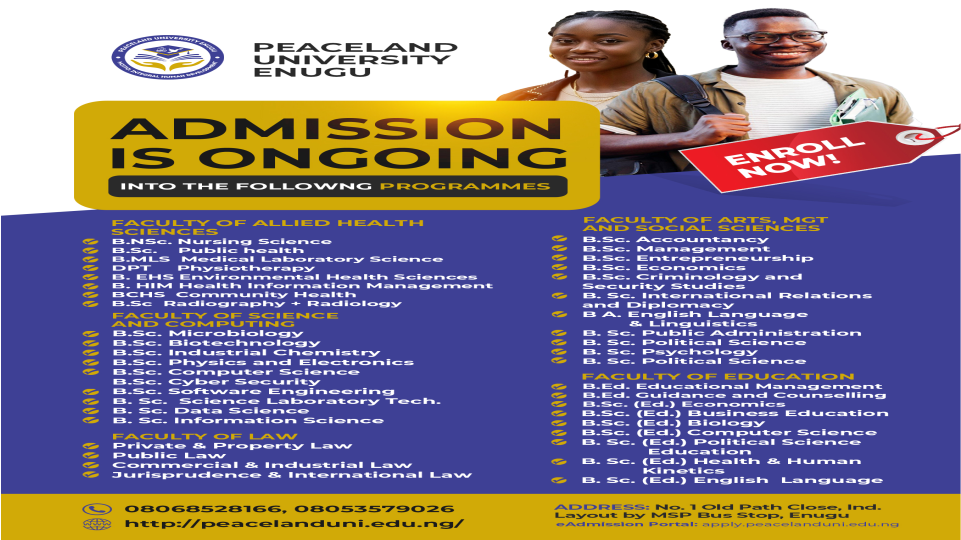 NUC APPROVES LAW AND FOUR OTHER PROGRAMMES FOR PEACELAND UNIVERSITY, ENUGU