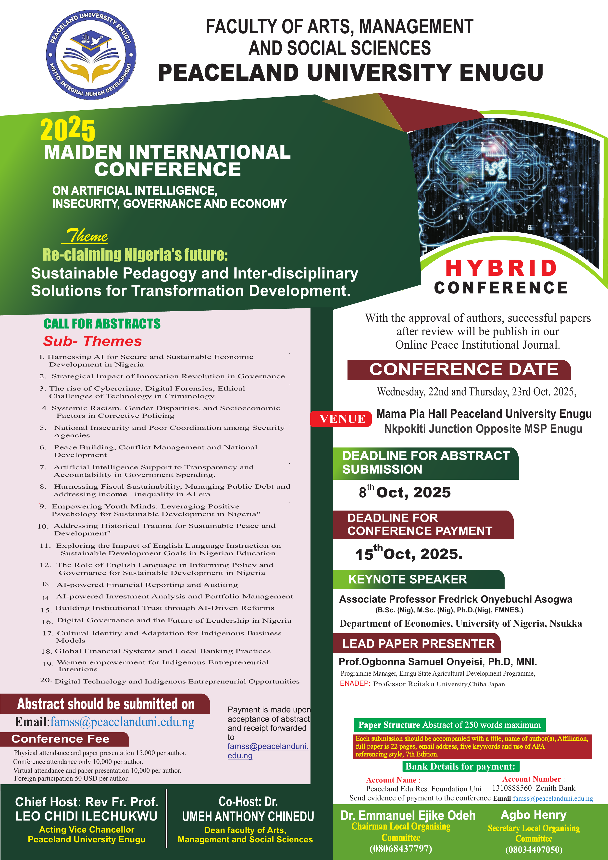 PEACELAND UNIVERSITY TO HOST MAIDEN INTERNATIONAL CONFERENCE ON AI, INSECURITY, GOVERNANCE, AND ECONOMY